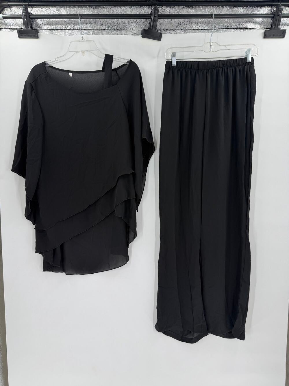 Black Chiffon 2-Piece Set L Asymmetrical Cold Shoulder Top Wide Leg Pants